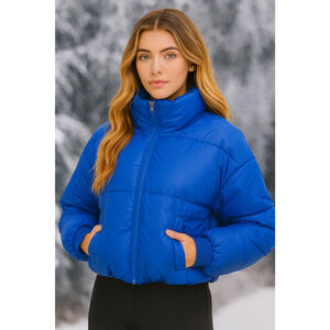 PEMHEA Puffer Jacket Womens XL Blue Cropped Zip Up Stand Collar Winter Quilted